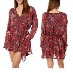 Free People Teegan Red/Orange Floral Long Sleeve Tie Waist Boho Mini, Size XS